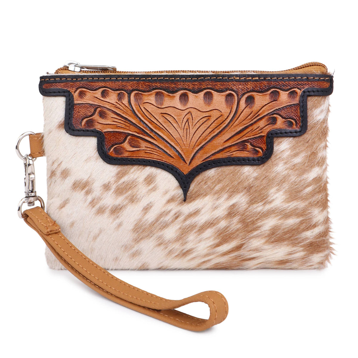 Leather Cowhide Western Hand Tooled Wrislet: Light Borwn with Black Border