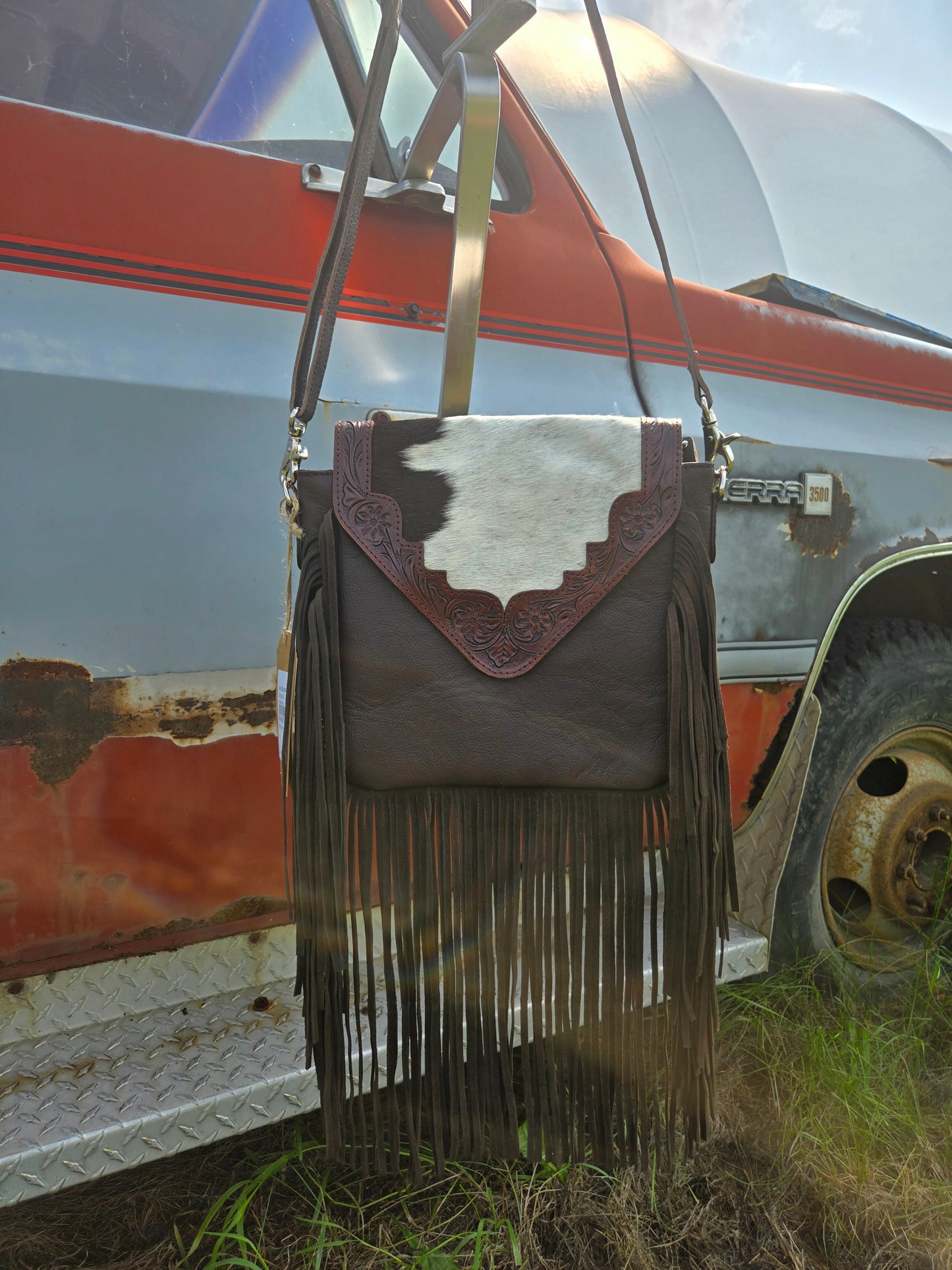 Leather Cowhide Hand Tooled Fringe Bag