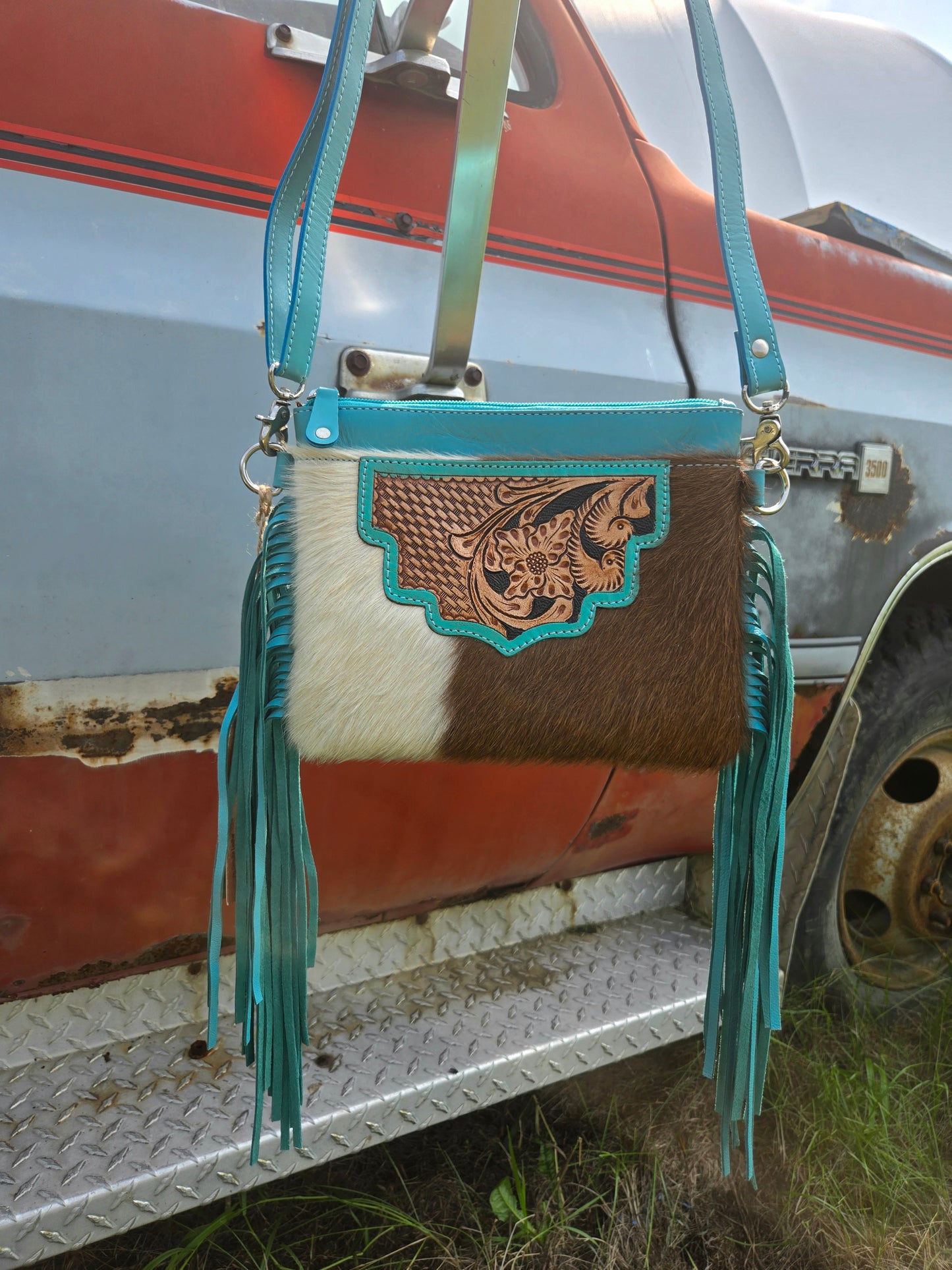 Blue Fringe Cowhide Cross-Body Bag