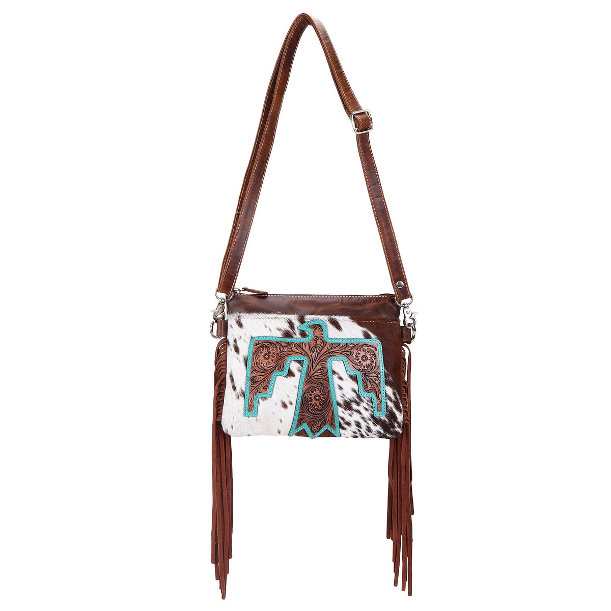 Leather Cowhide Western Hand Tooled Small Crossbody: Freebird Rustic Brown with Cowhide