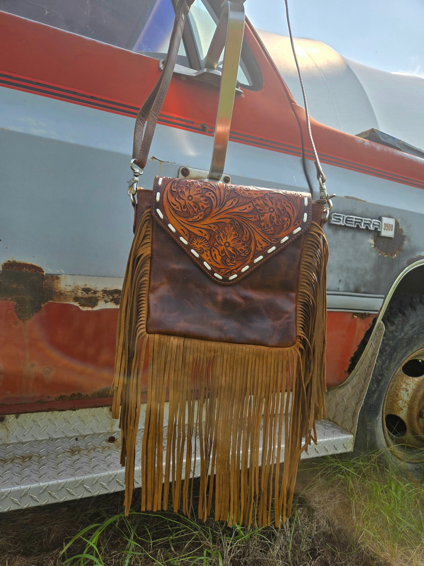 Leather Cowhide Hand Tooled Fringe Bag