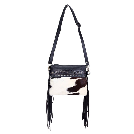 Leather Cowhide Western Hand Tooled Small Crossbody: Black Tooling with Black White Cowhide