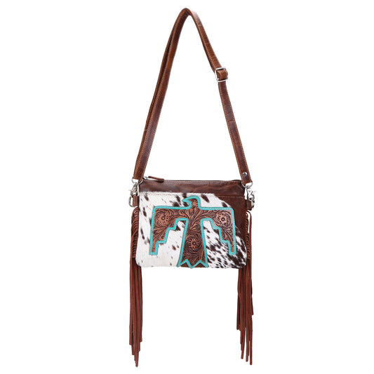 Leather Cowhide Western Hand Tooled Small Crossbody: Freebird Rustic Brown with Cowhide