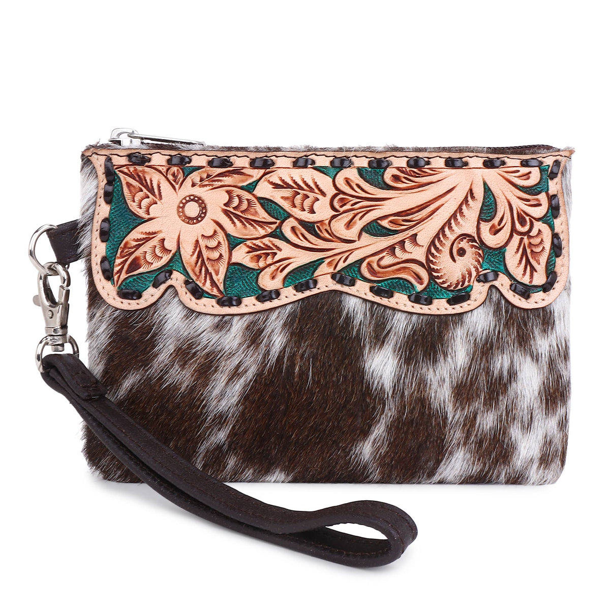 Leather Cowhide Western Hand Tooled Women's Wrislet: Light Brown with Dark Green Inlay