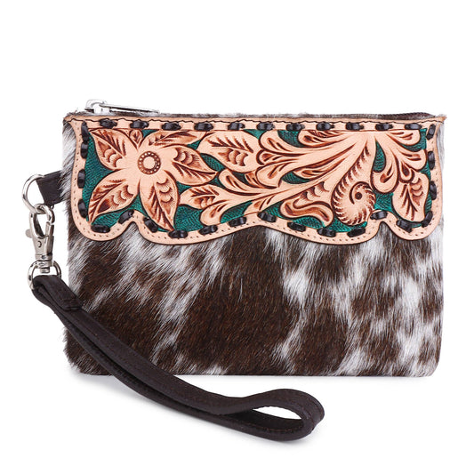 Leather Cowhide Western Hand Tooled Women's Wrislet: Light Brown with Dark Green Inlay