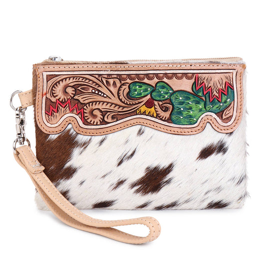 Leather Cowhide Western Hand Tooled Wrislets: Cactus with Beige leather