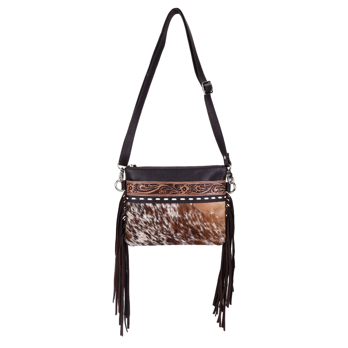 Leather Cowhide Western Hand Tooled Small Crossbody: Dark Brown Rustic Tooling with Cowhide
