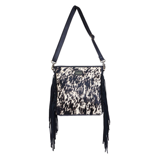 Frontier Fringe Leather & Cowhide Crossbody Bag: Black Speckled
