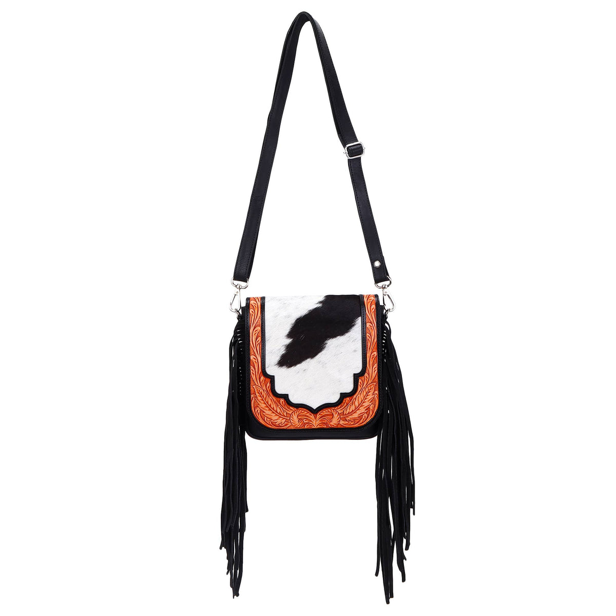 Leather Cowhide Western Hand Tooled Small Crossbody: Black White Cowhide Inlay with Tan Floral Hand Tooled
