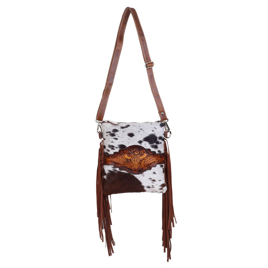 Leather Cowhide Western Hand Tooled Crossbody: Longhorn Hand Tooled with Cowhide